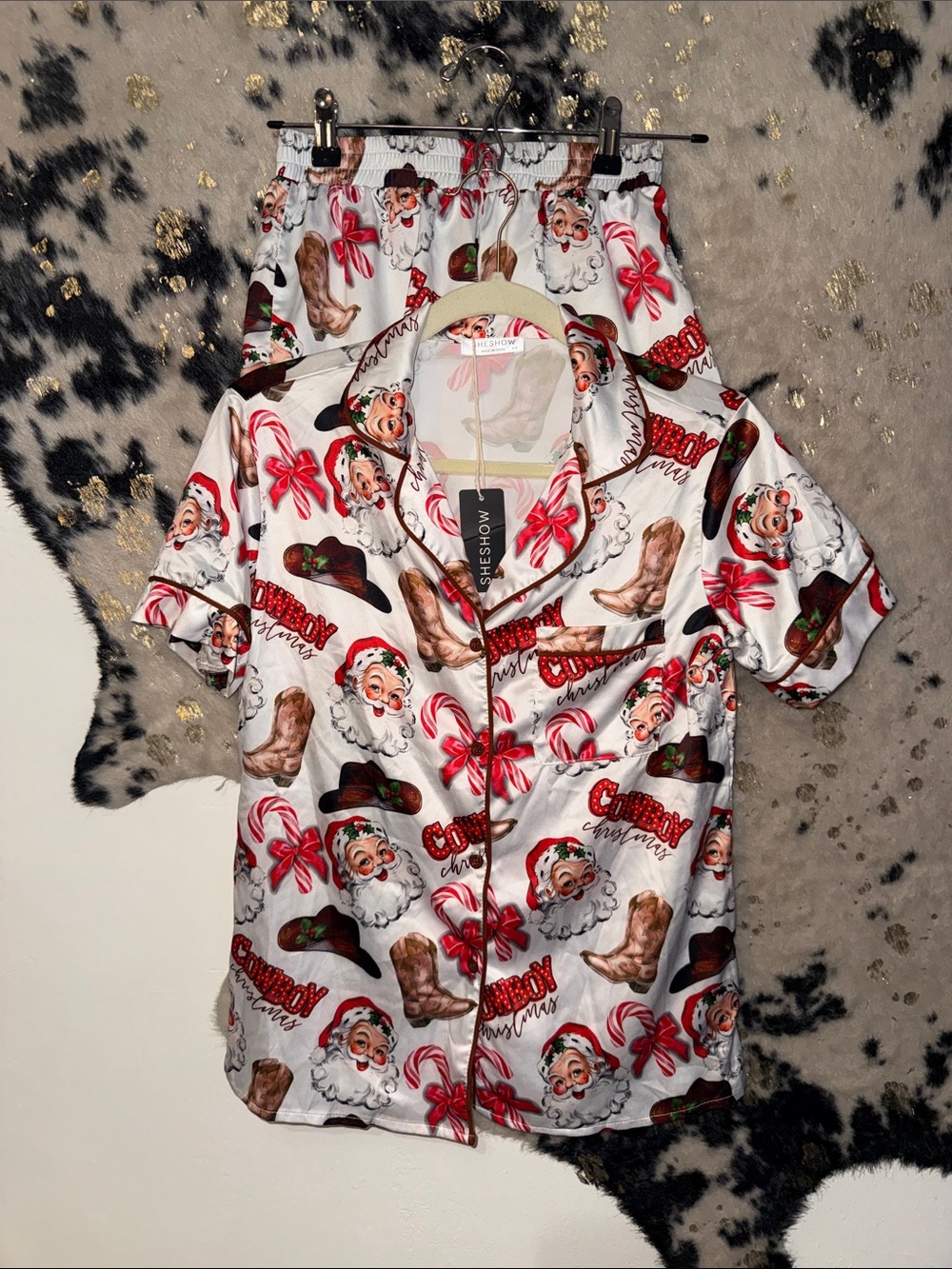 Santa Print Short Pajama Set - White/Red